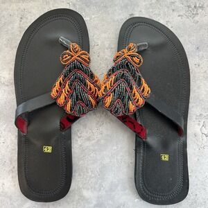 African leather Handmade beaded Sandals Size EU42 black orange‎ red flip flops
